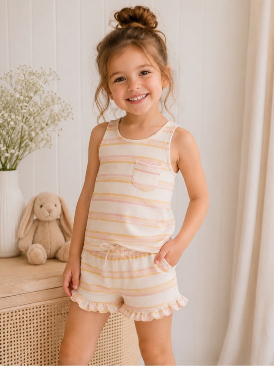 Other - Easy Peasy Girls 2Pc Lounge Set 4T Pink Yellow Stripe Tank & Ruffle Shorts